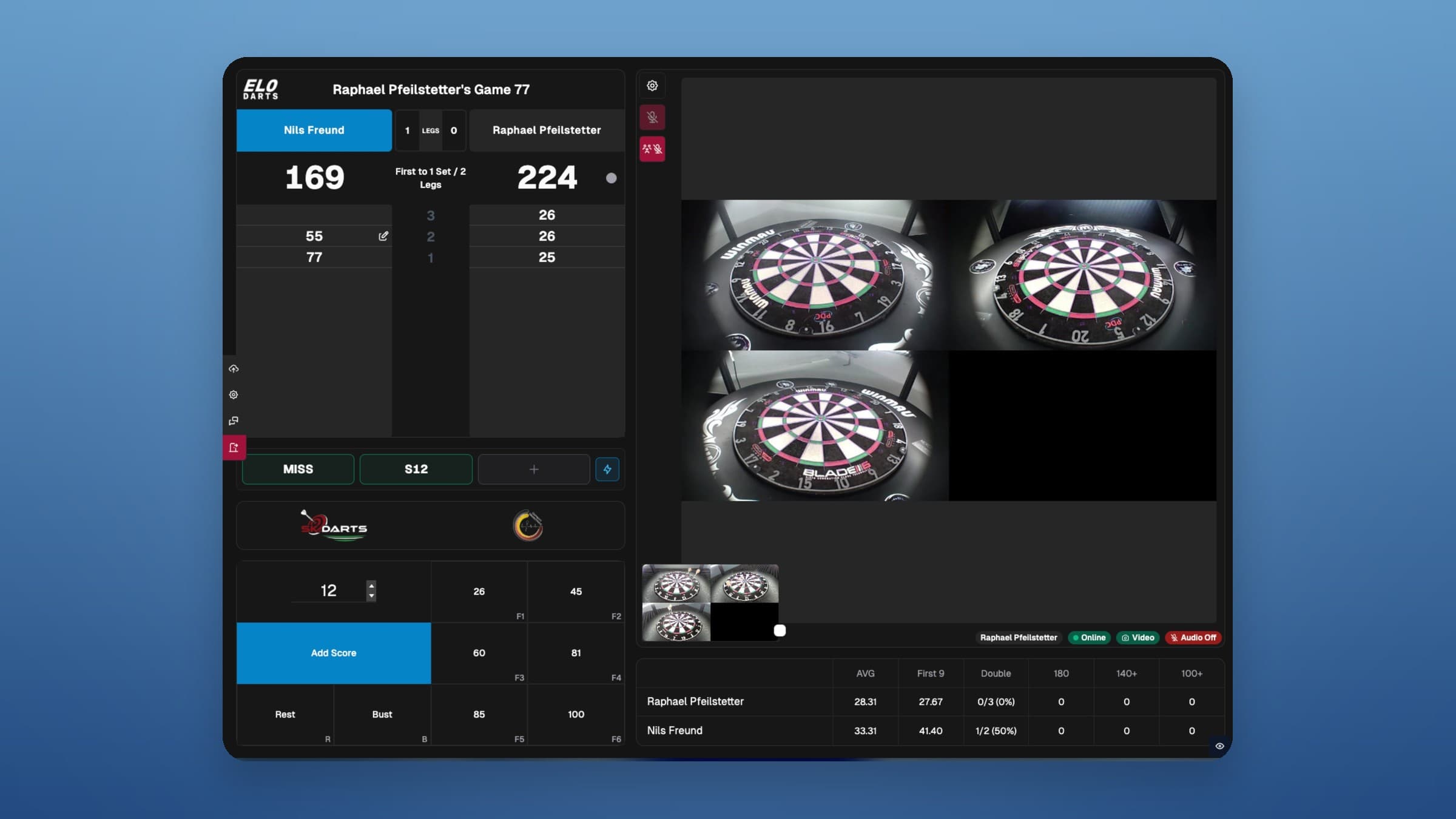 Autoscoring match with automatic multi-camera throw detection, live scoring and stats