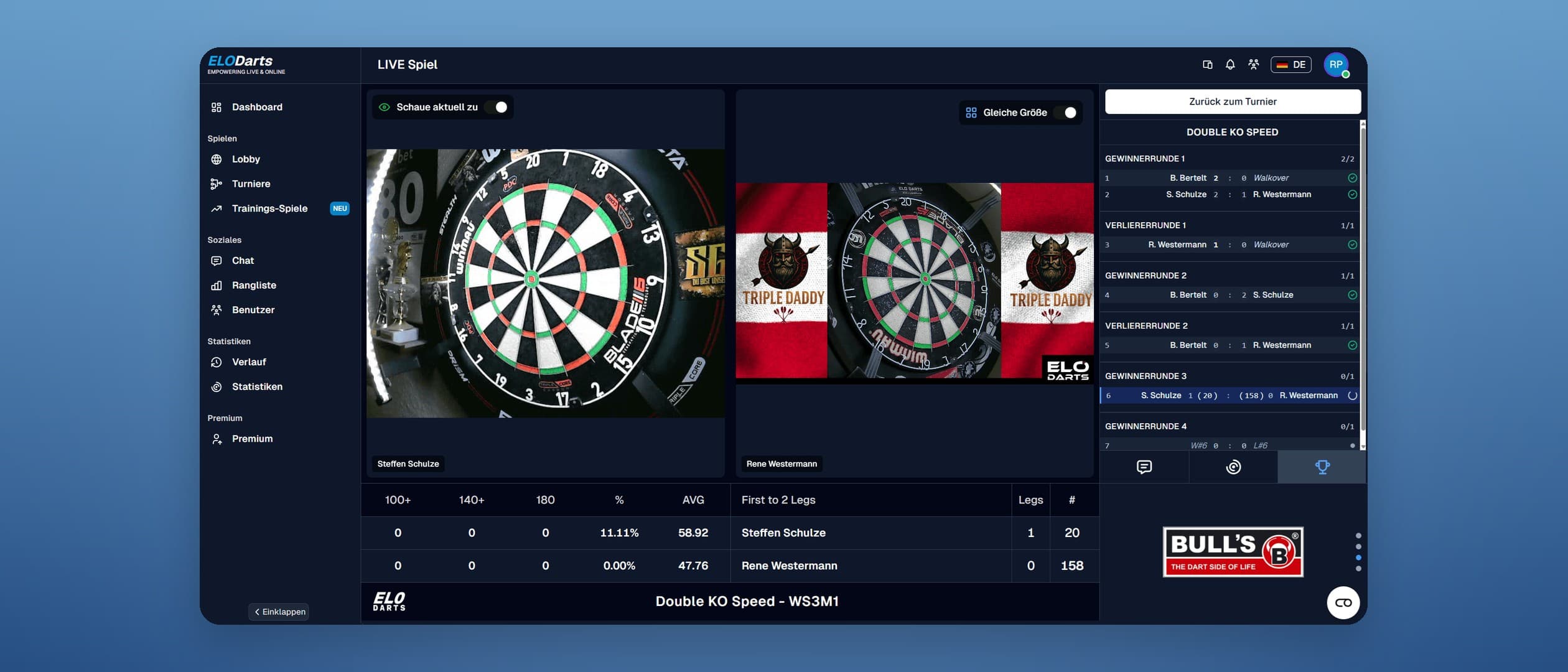 Live broadcast of several parallel webcam matches with stats and tournament bracket